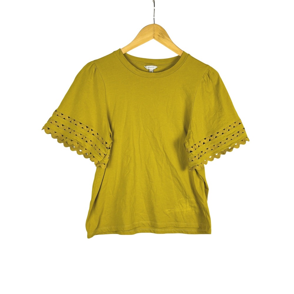 Poetry Womens Eyelet Scalloped Short‎ Sleeve Knit Top Sz S Mustard Yellow Boxy